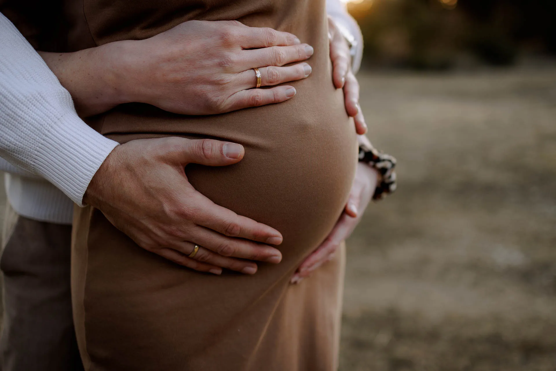Familien-Schwangerschaftsfoto mit Hund im Abendlicht