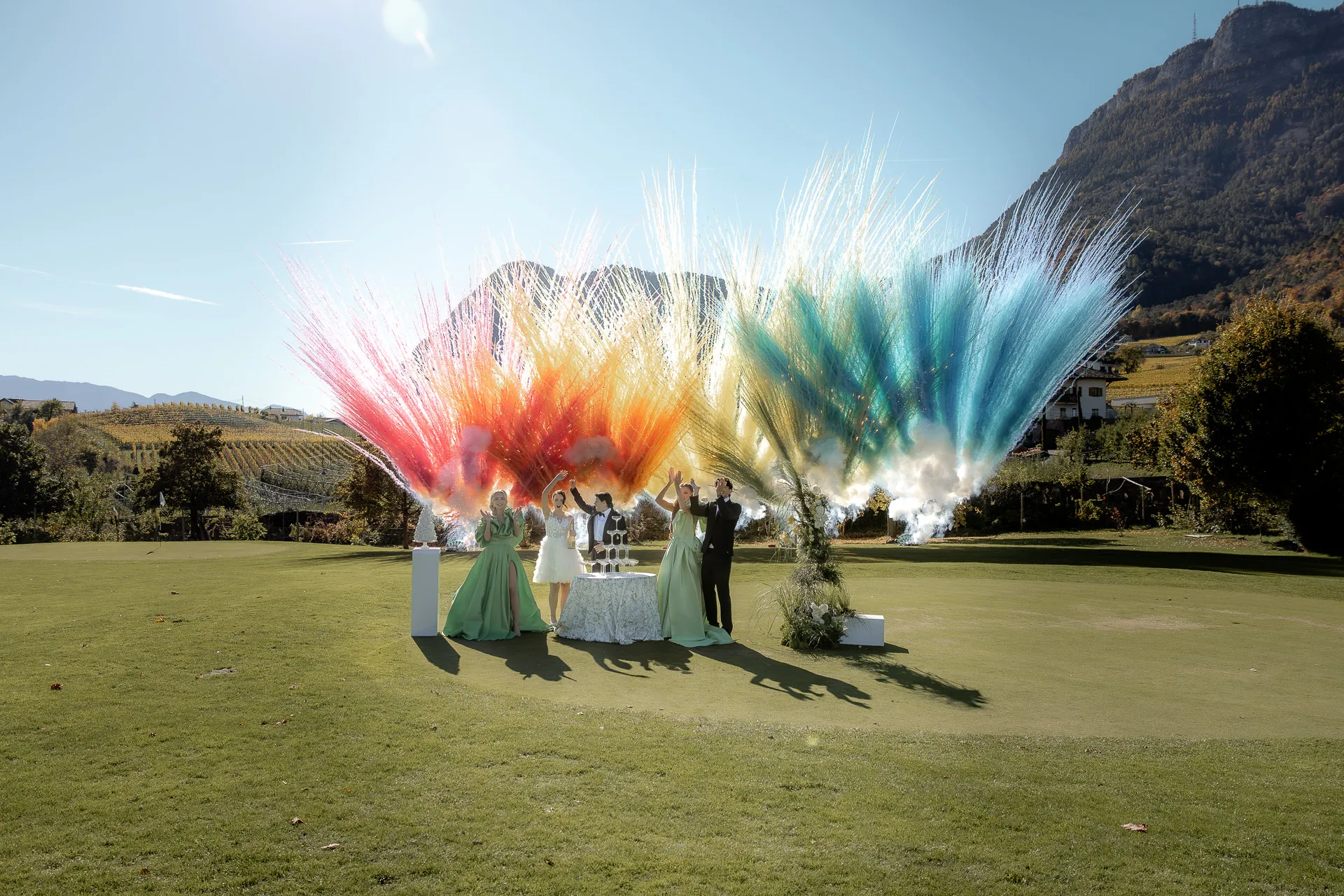 Romantic wedding fireworks at night with sparkling lights and celebration