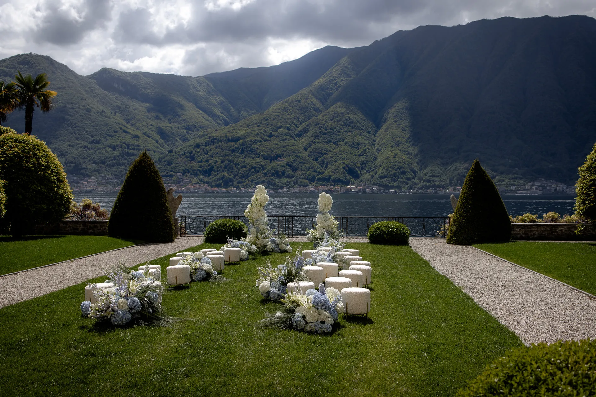Luxurious wedding ceremony at Villa Balbiano Lake Como with mountain panorama