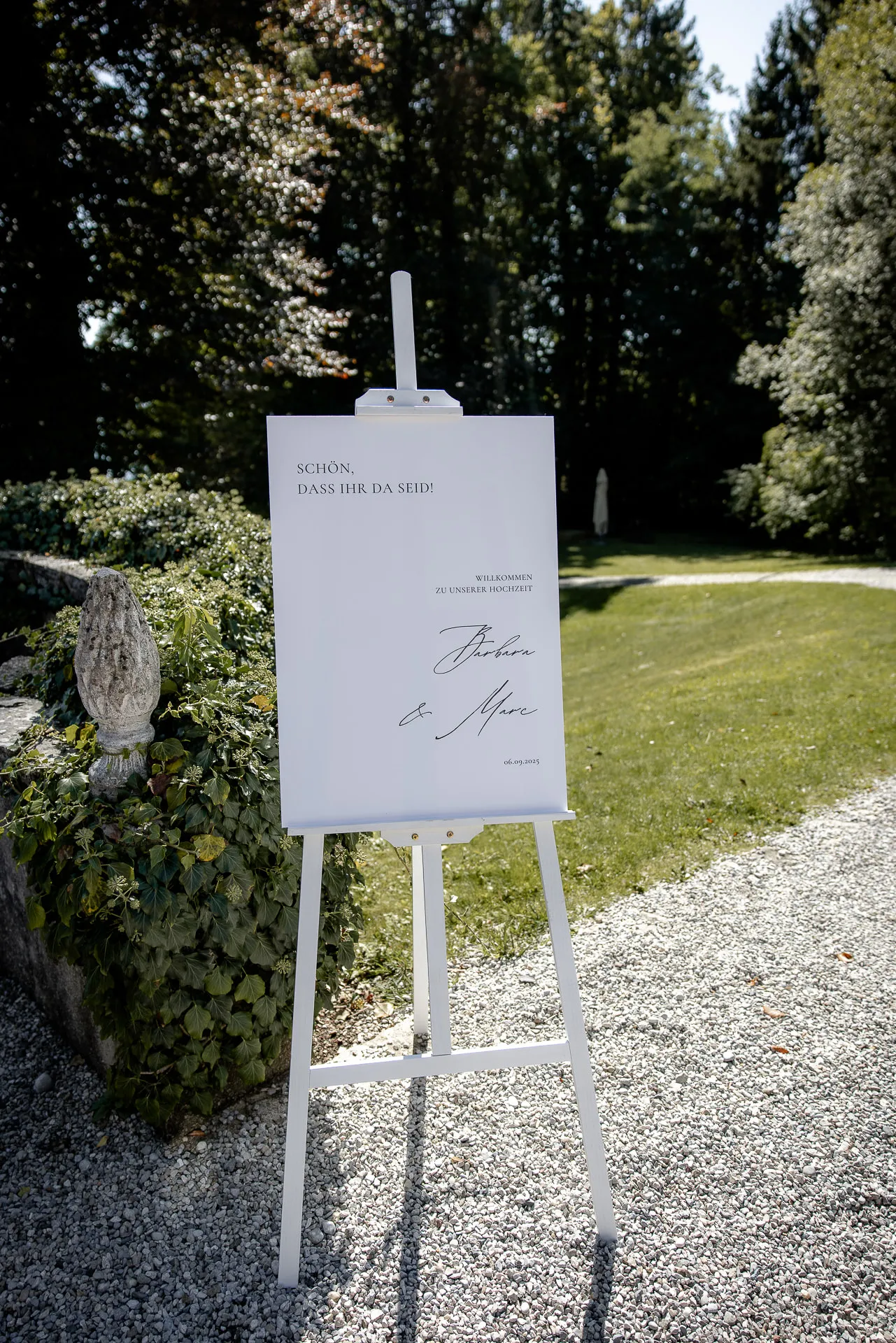 Elegant welcome sign for Barbara and Marc at luxury La Villa Starnberger See wedding