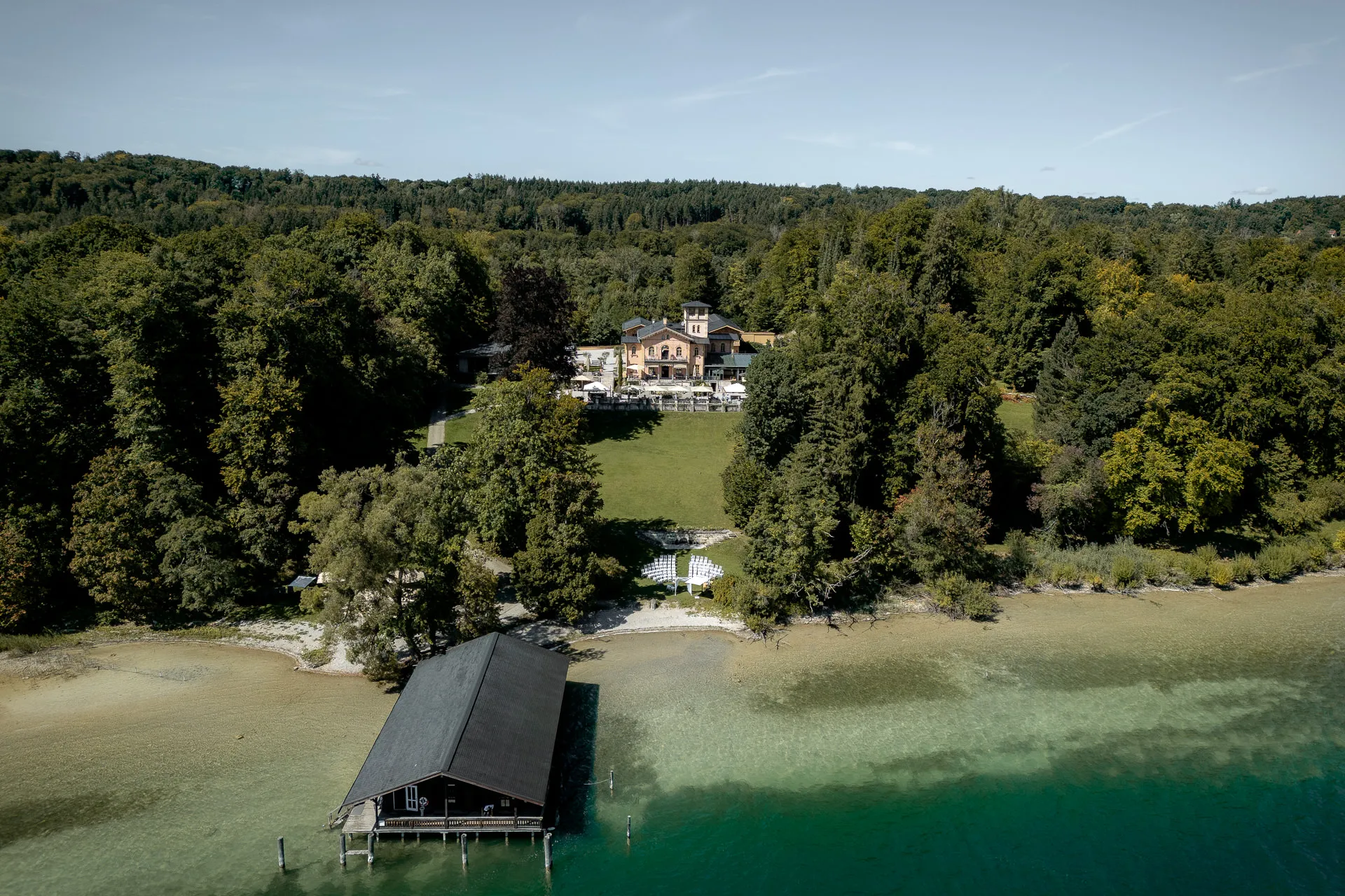 Aerial view of La Villa on Lake Starnberg with boathouse and wedding venue