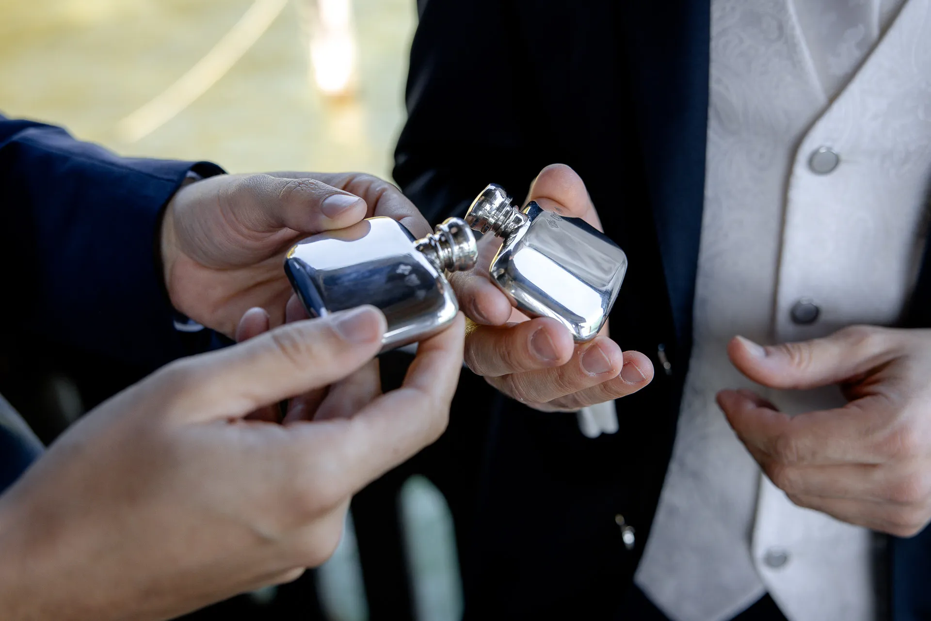 Silver flask details during wedding preparation at Lake Starnberg