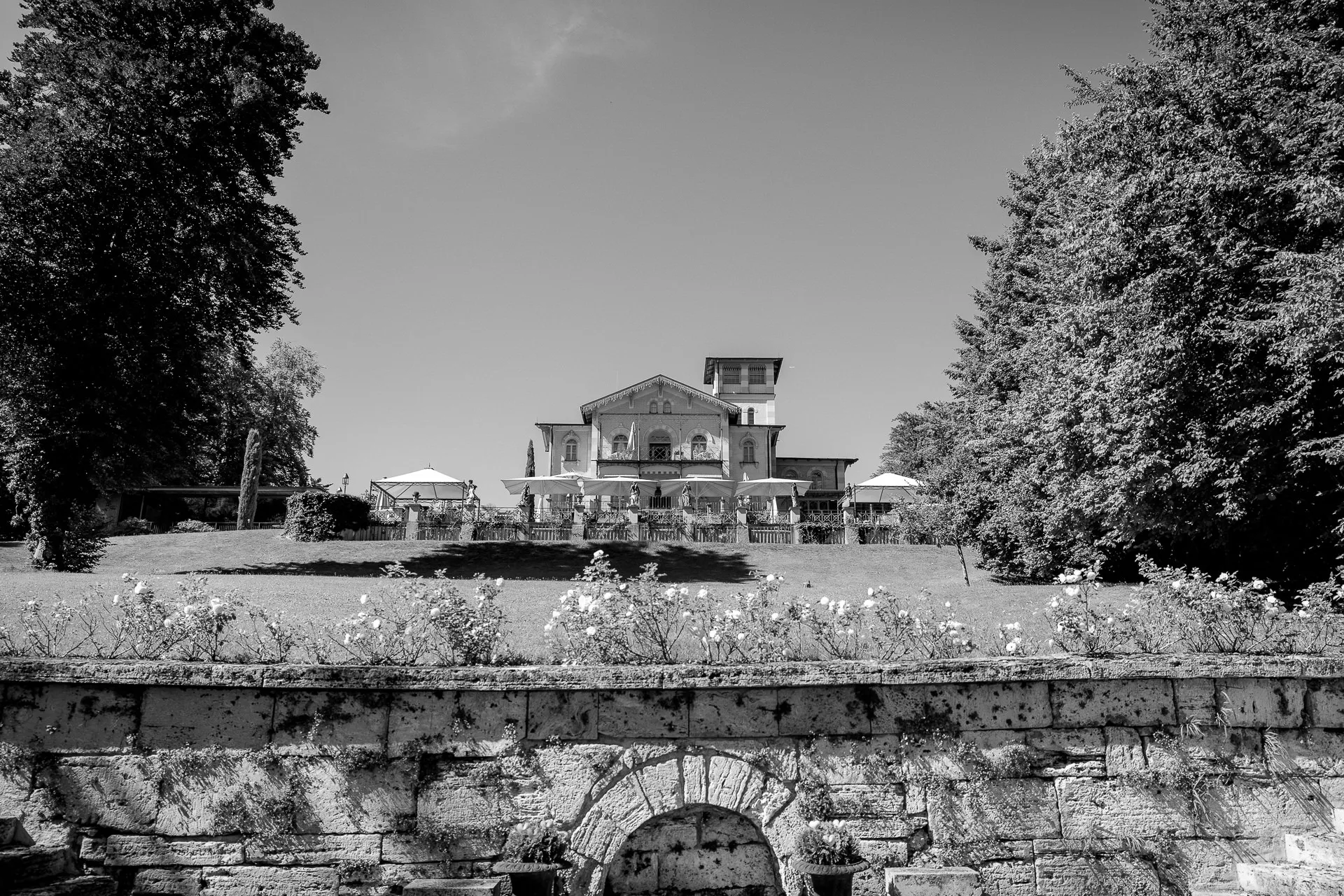 La Villa wedding venue black and white with historic architecture at Lake Starnberg