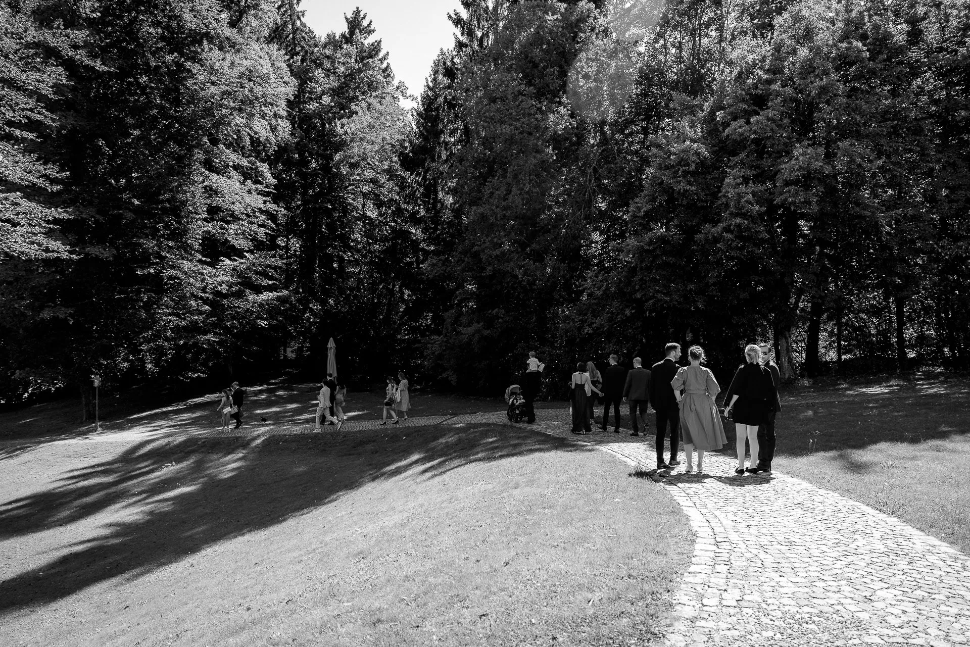 Wedding guests waiting for bride at ceremony on Lake Starnberg