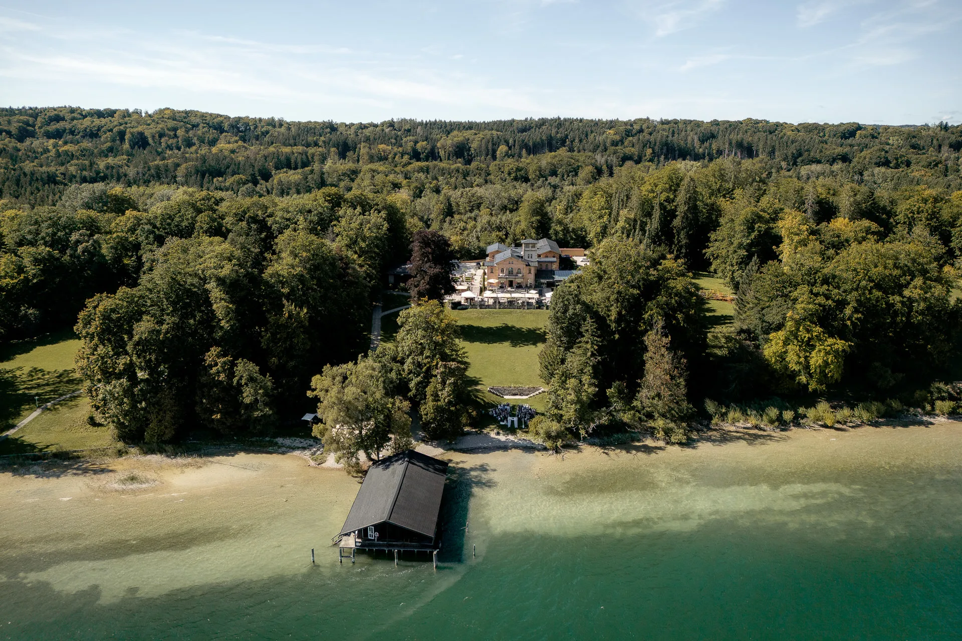 Aerial view of La Villa with boathouse and Lake Starnberg wedding venue