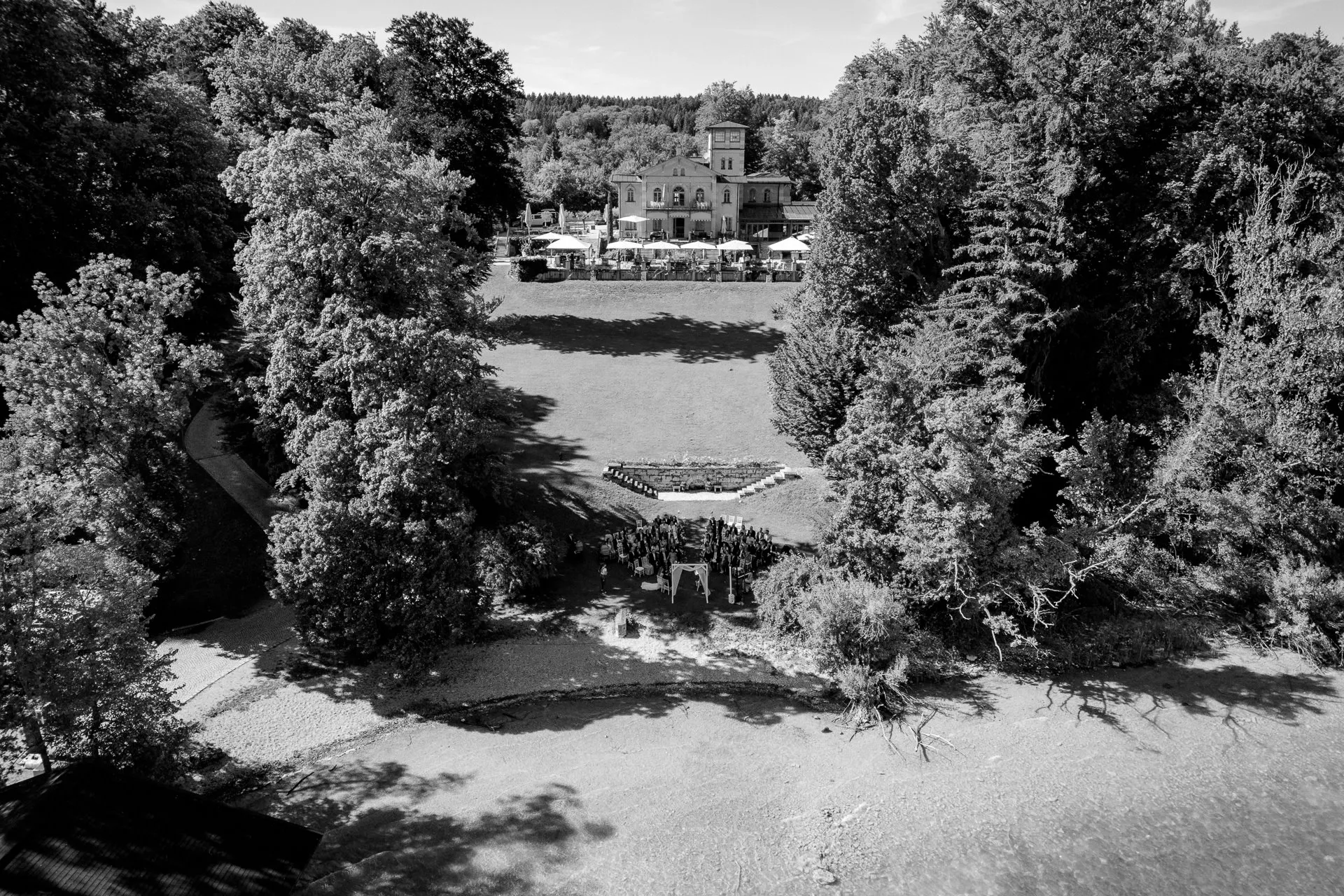 Drone shot ceremony black and white on Lake Starnberg