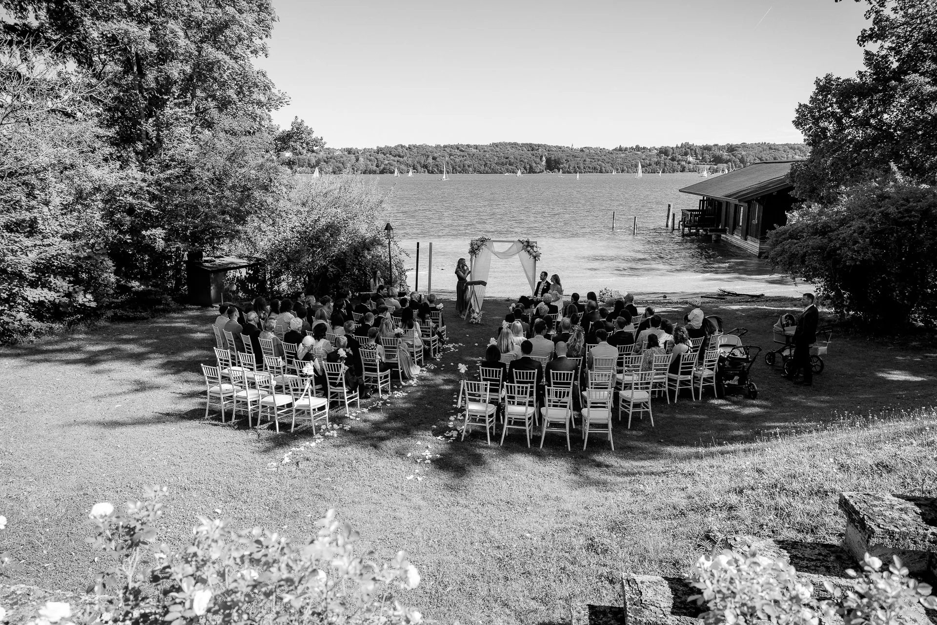 Wedding ceremony in progress black and white with guests at La Villa