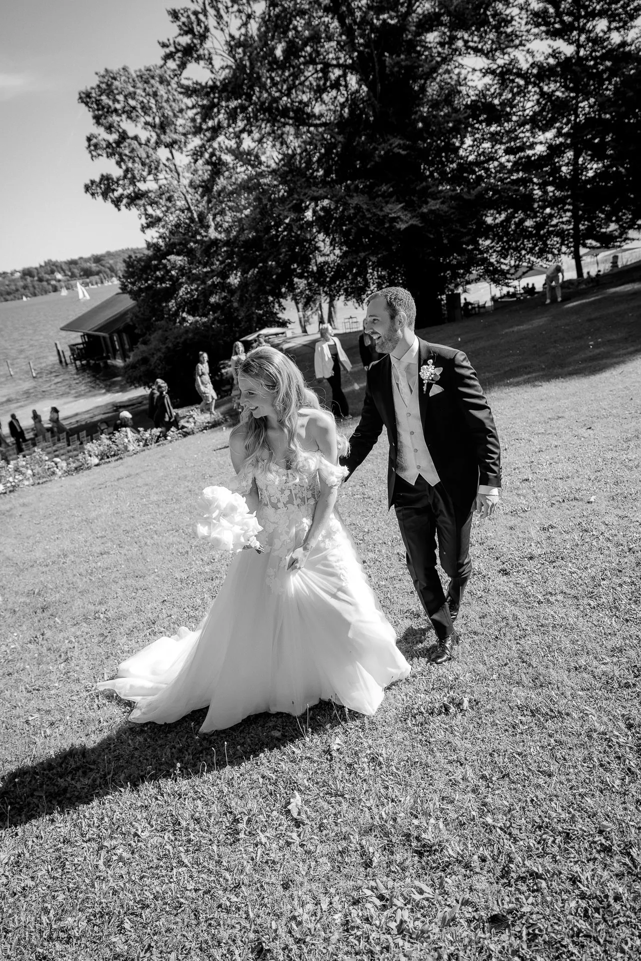 Couple walking on grounds black and white at La Villa