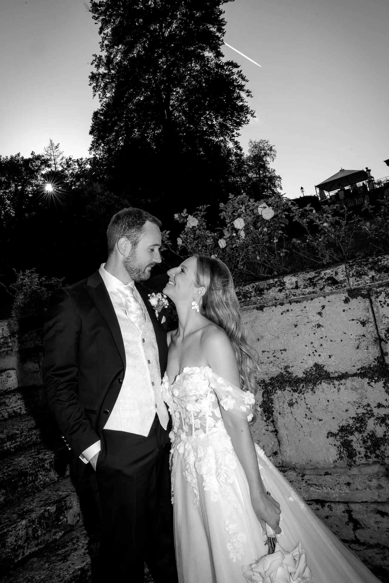 Romantic couple portrait black and white in La Villa garden