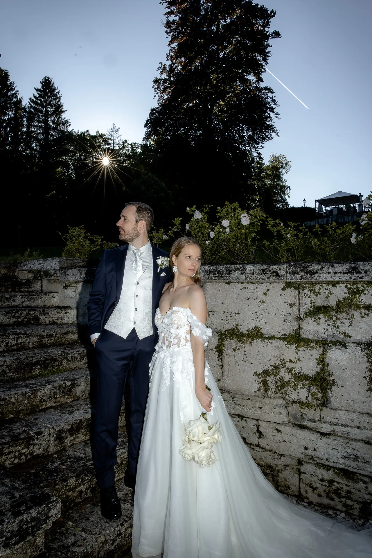 Romantic couple portrait at blue hour on Lake Starnberg