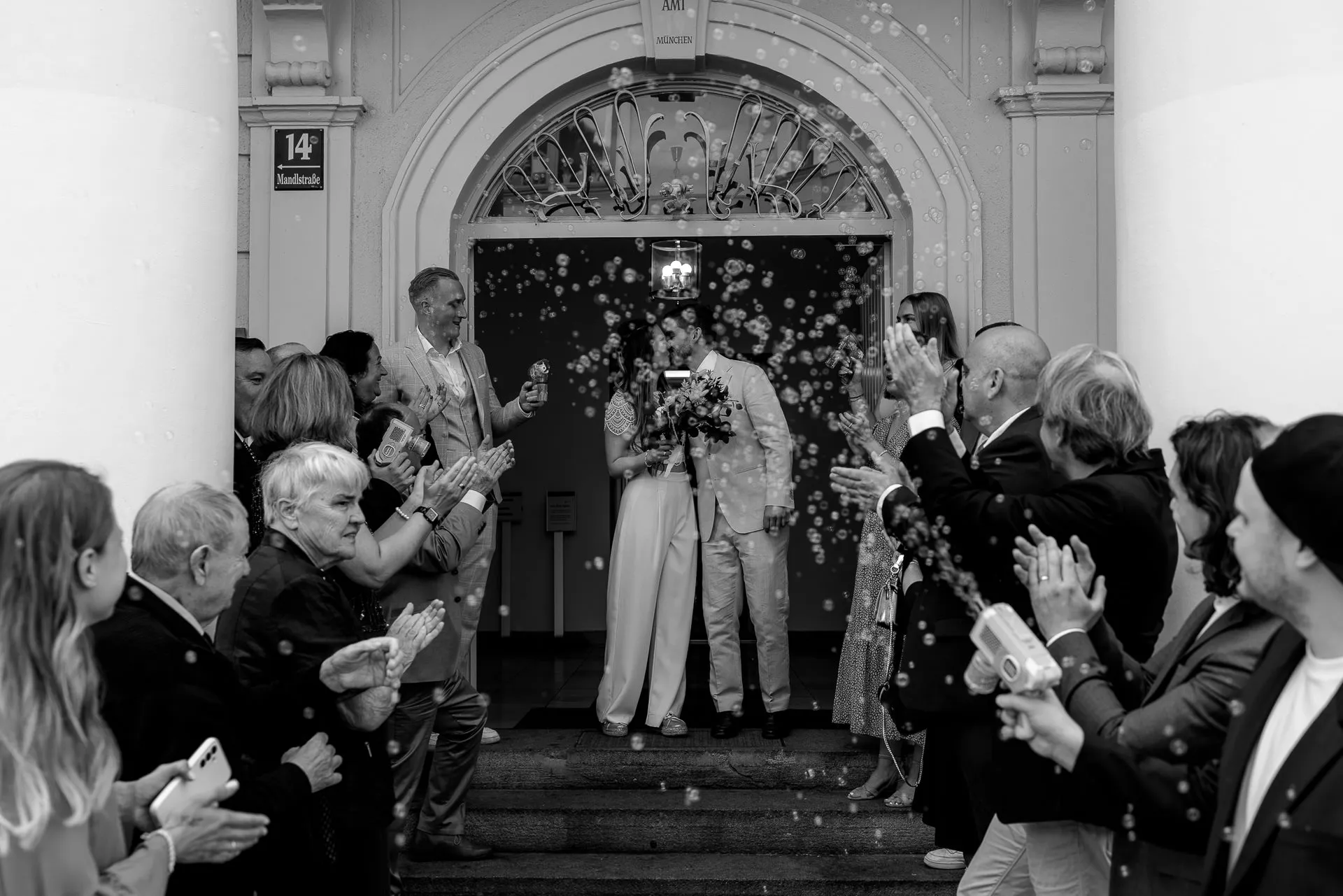 Bubble exit after ceremony at Standesamt Mandlstraße Munich