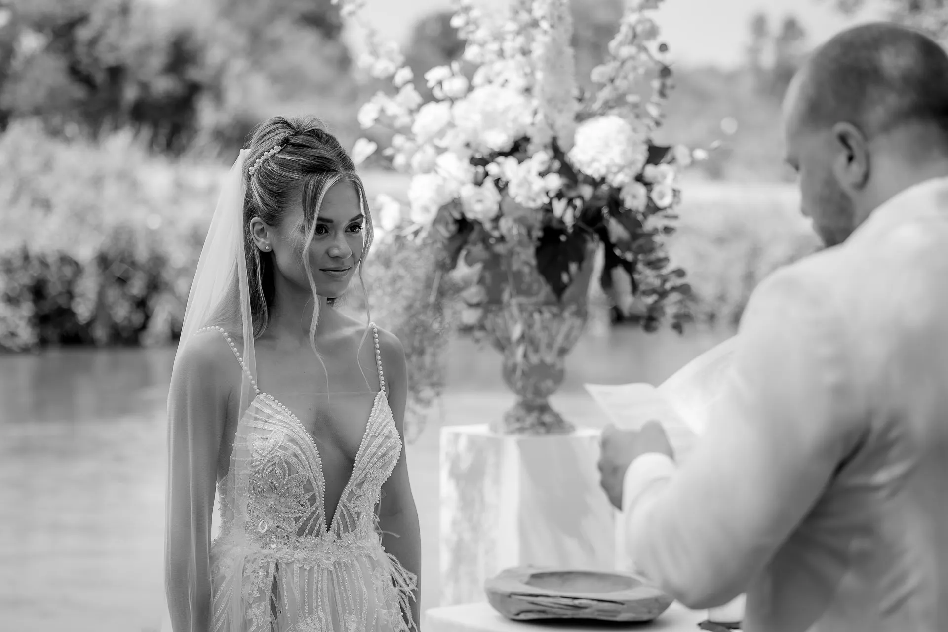Loving gaze of the bride during wedding vows at Italian ceremony